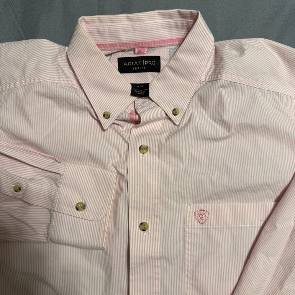 ARIAT Pro Series Shirt Mens M Pink Dayne Mini Stripe Button Down Long Sleeve